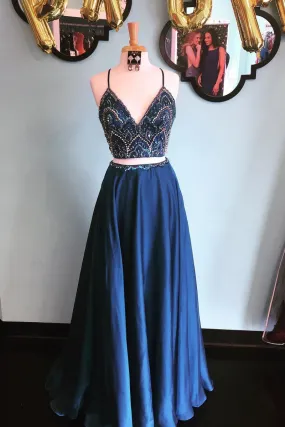Sparkly Two Piece Prom Dresses Sequins Beaded Long A-Line Prom Dress