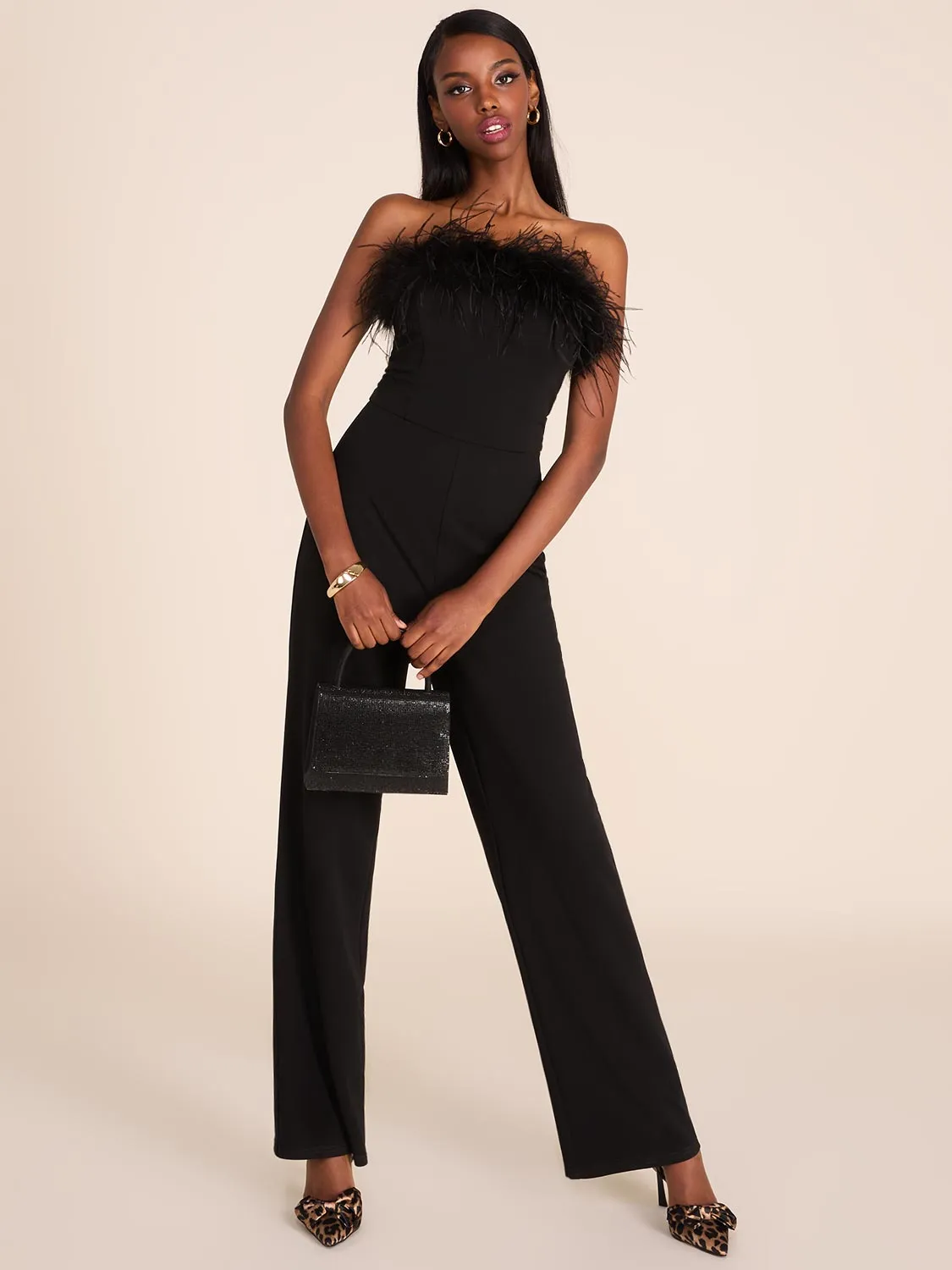 Strapless Jumpsuit With Feather Trim