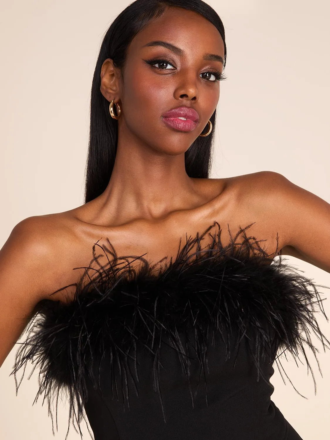 Strapless Jumpsuit With Feather Trim