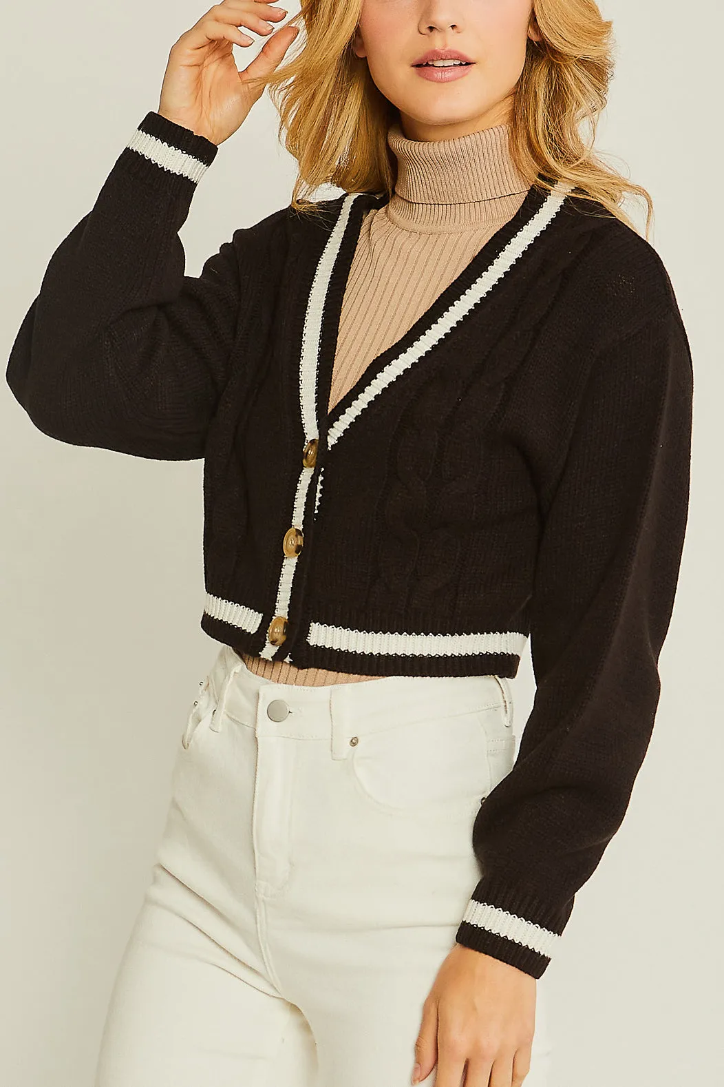 Striped Trim Cable Knit Crop Cardigan
