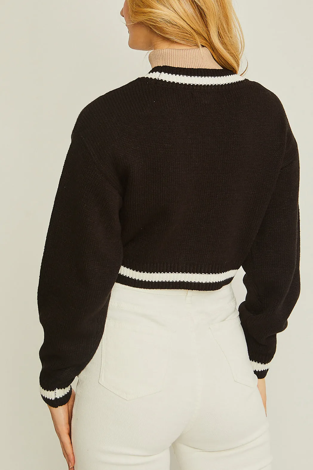 Striped Trim Cable Knit Crop Cardigan