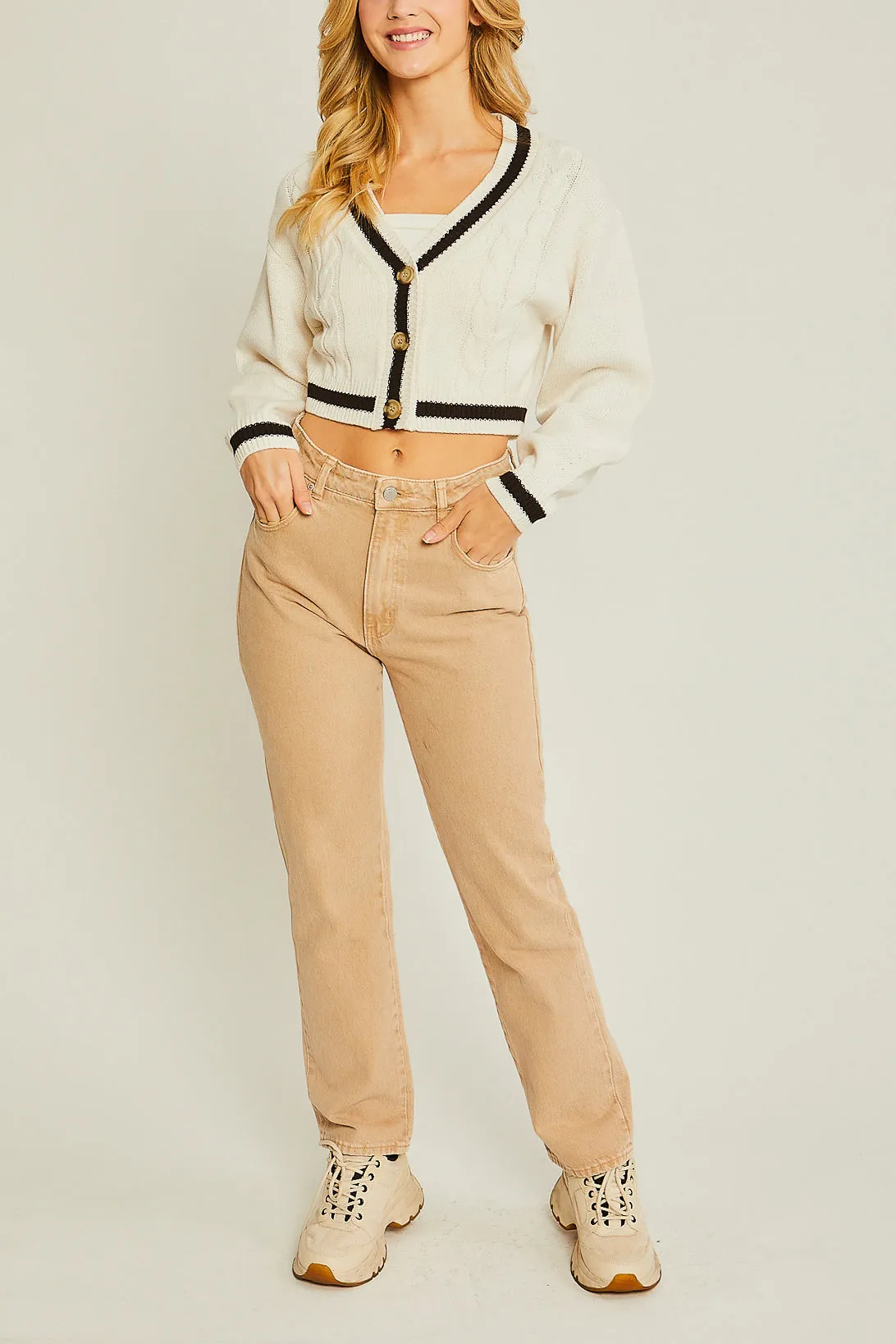 Striped Trim Cable Knit Crop Cardigan