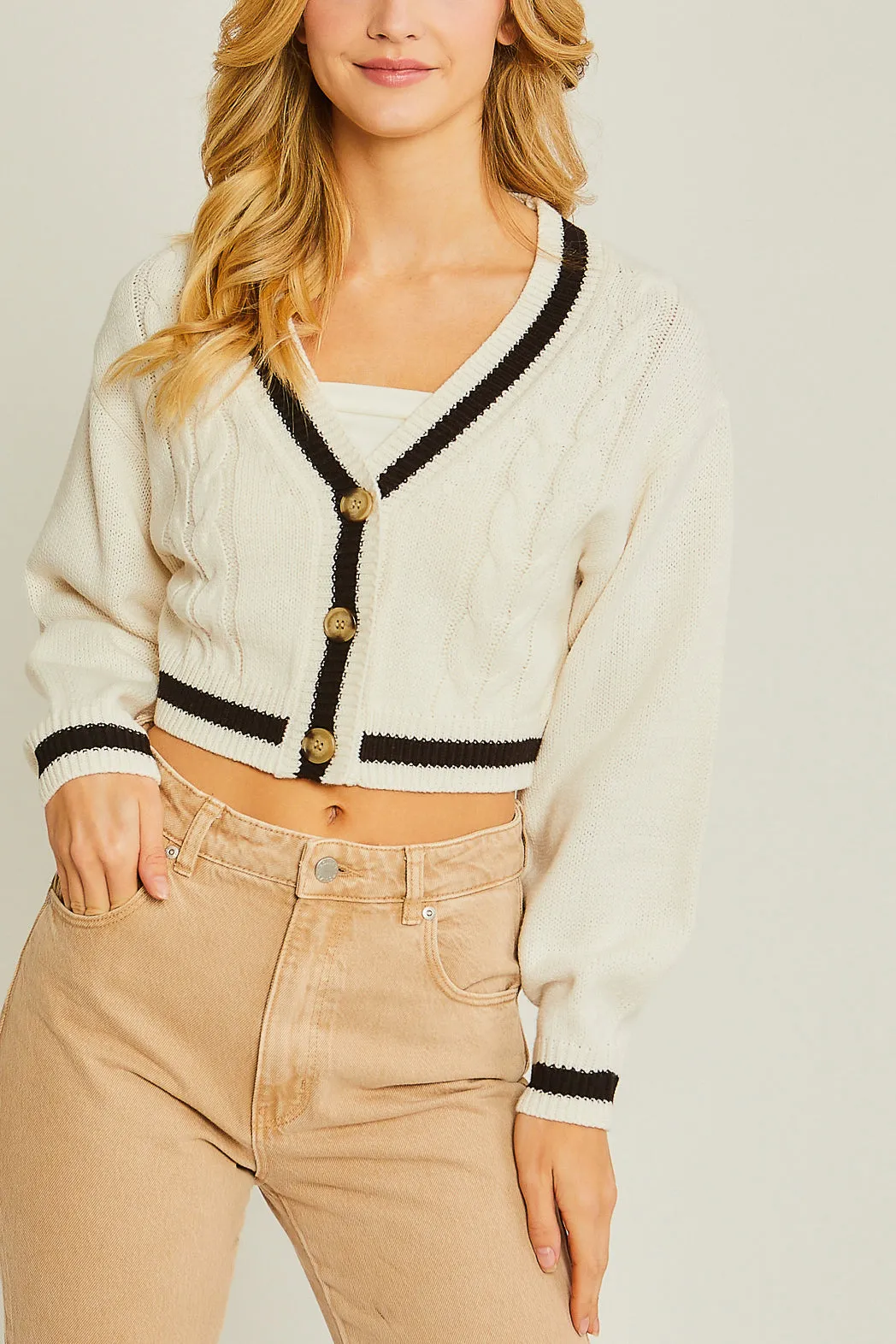Striped Trim Cable Knit Crop Cardigan