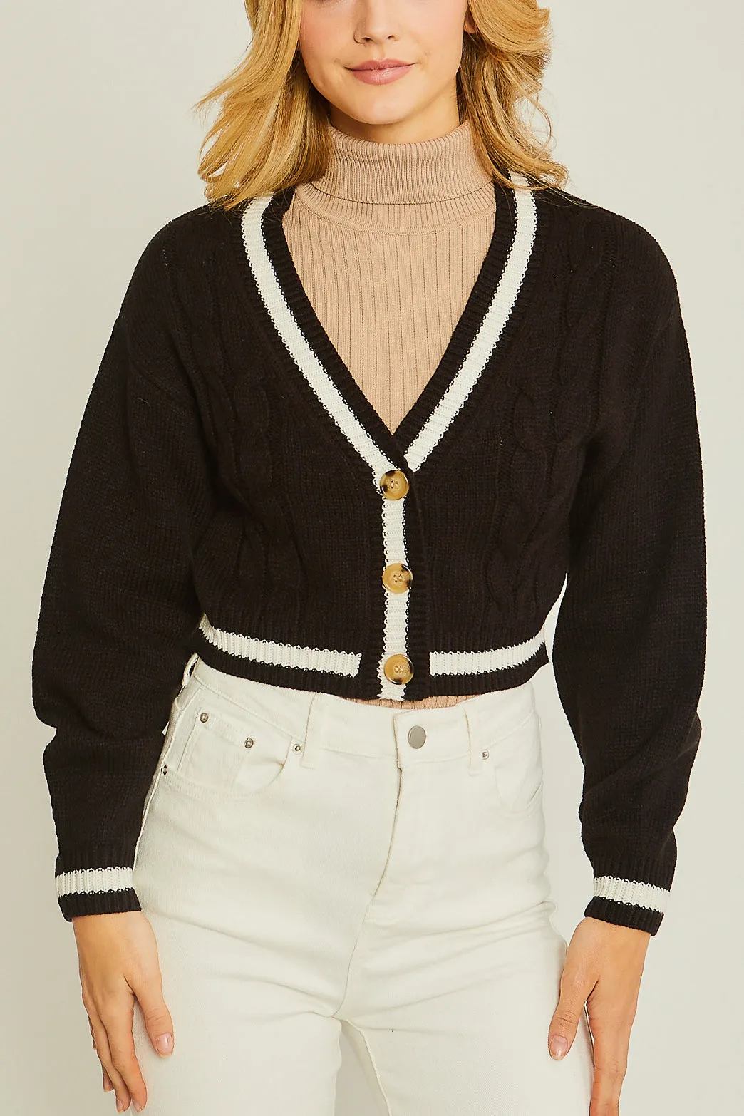 Striped Trim Cable Knit Crop Cardigan