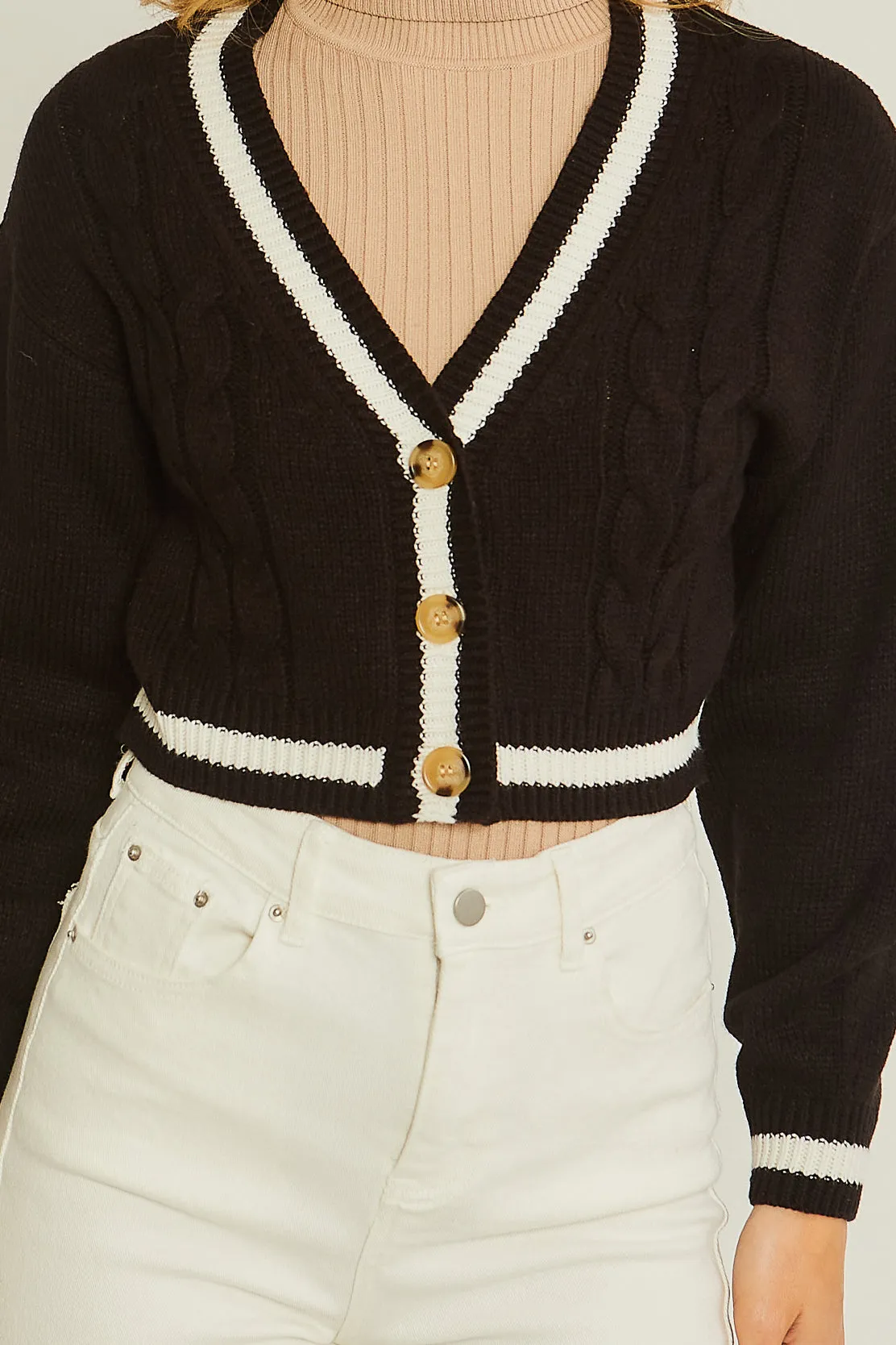 Striped Trim Cable Knit Crop Cardigan
