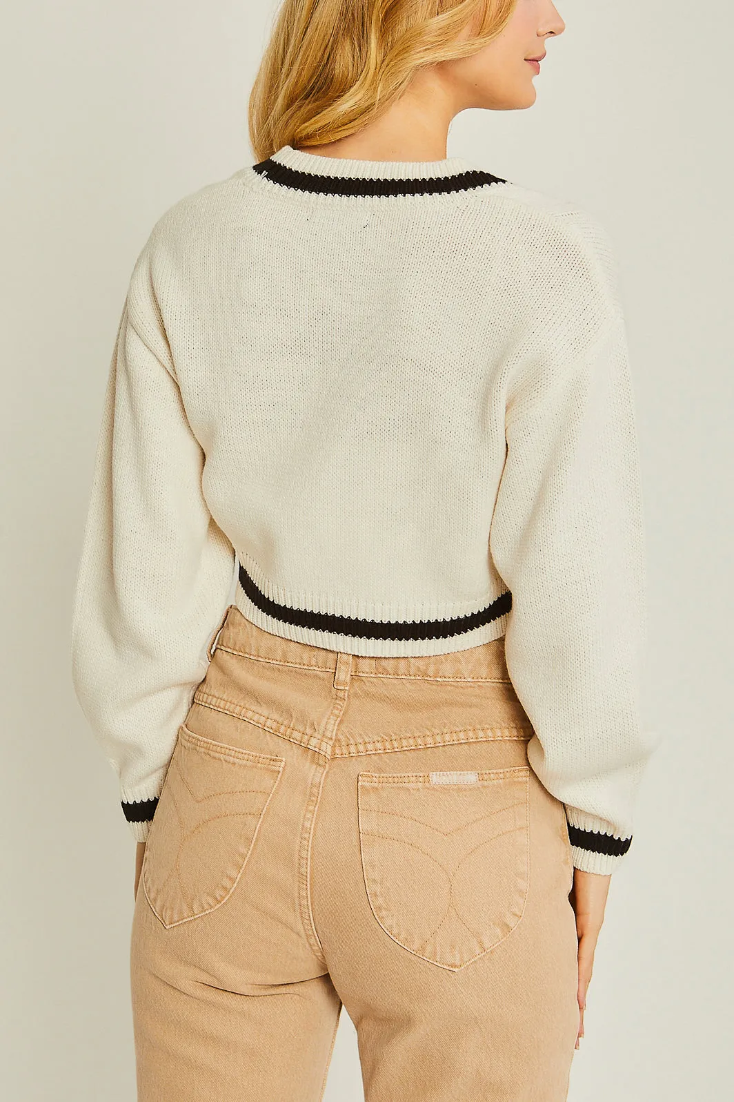 Striped Trim Cable Knit Crop Cardigan