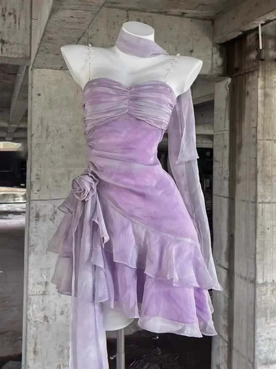 TAVIMART  -  Sweet Princess Adult Ceremony High end Light Luxury Birthday Dresses for Women Summer Ruffle Edge Purple Strap Camisole Dress