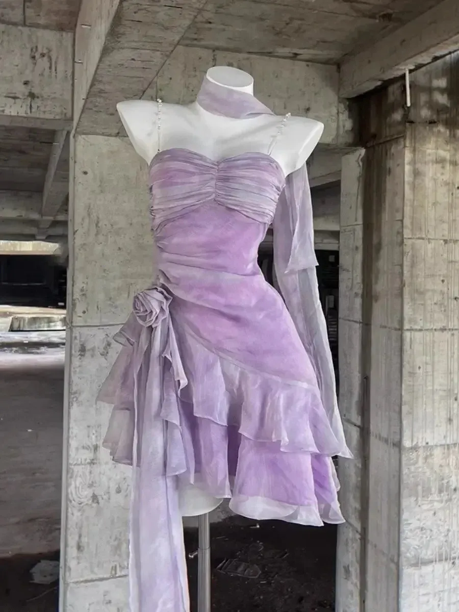 TAVIMART  -  Sweet Princess Adult Ceremony High end Light Luxury Birthday Dresses for Women Summer Ruffle Edge Purple Strap Camisole Dress