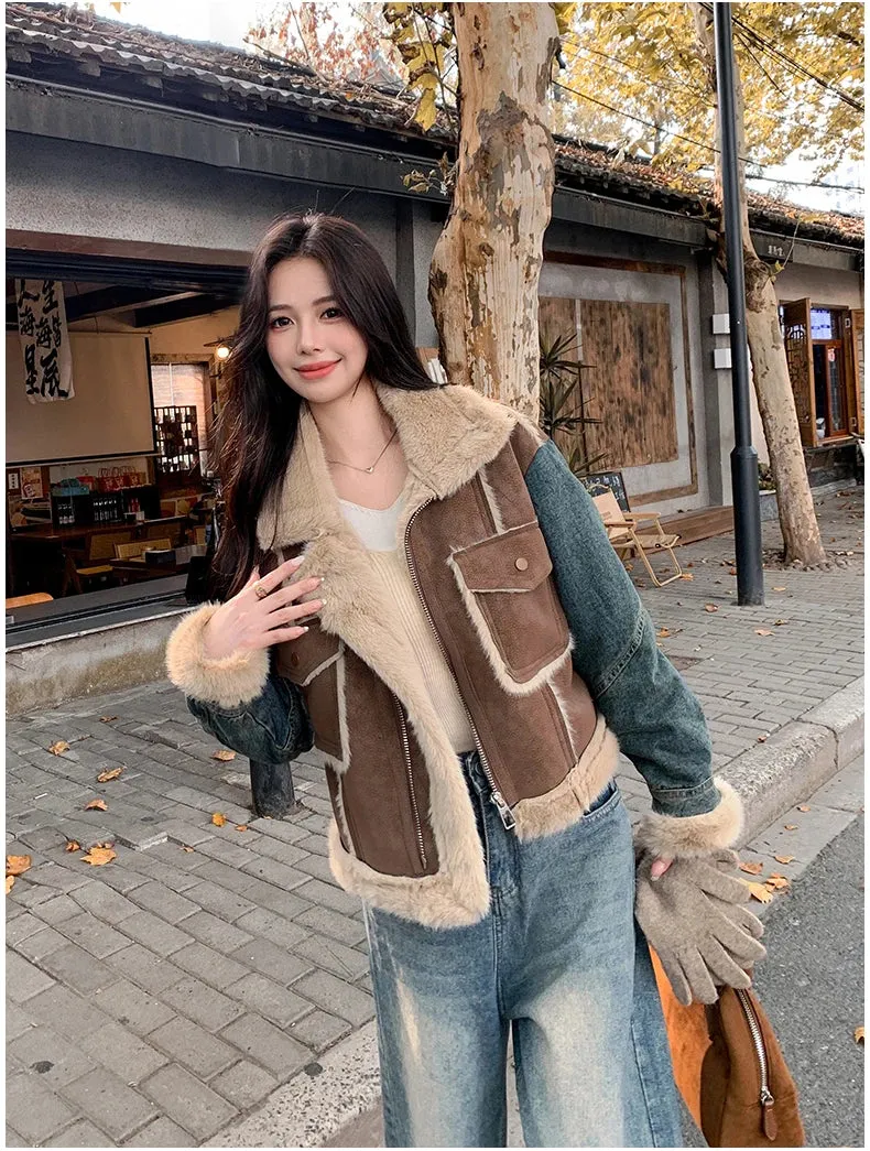 Toleet-Winter Outfits Christmas Black Friday Winter Sheepskin Fur Thicken Parka Jacket Shearing Sheep Velvet Spliced Denim Jacket for Women New Warm Velvet Fur Overcoat