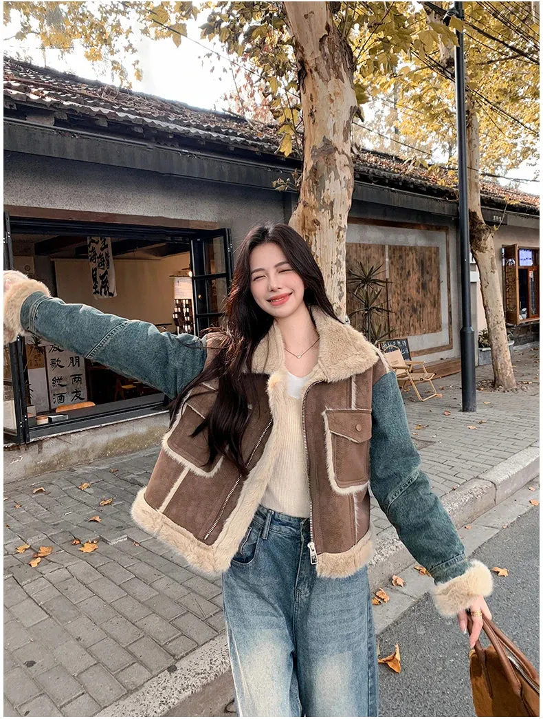 Toleet-Winter Outfits Christmas Black Friday Winter Sheepskin Fur Thicken Parka Jacket Shearing Sheep Velvet Spliced Denim Jacket for Women New Warm Velvet Fur Overcoat