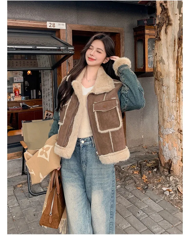 Toleet-Winter Outfits Christmas Black Friday Winter Sheepskin Fur Thicken Parka Jacket Shearing Sheep Velvet Spliced Denim Jacket for Women New Warm Velvet Fur Overcoat