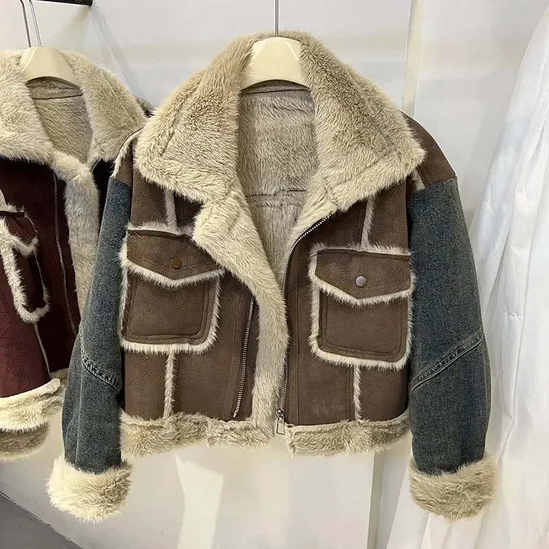 Toleet-Winter Outfits Christmas Black Friday Winter Sheepskin Fur Thicken Parka Jacket Shearing Sheep Velvet Spliced Denim Jacket for Women New Warm Velvet Fur Overcoat