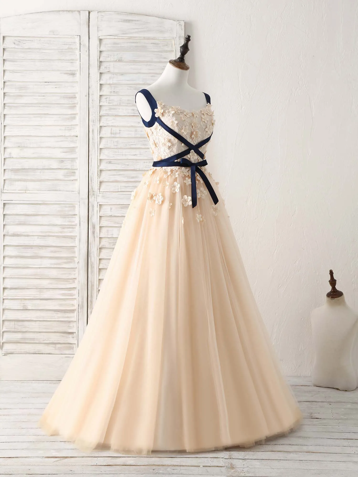 Unique Champagne Lace Tulle Long Prom Dress Champagne Evening