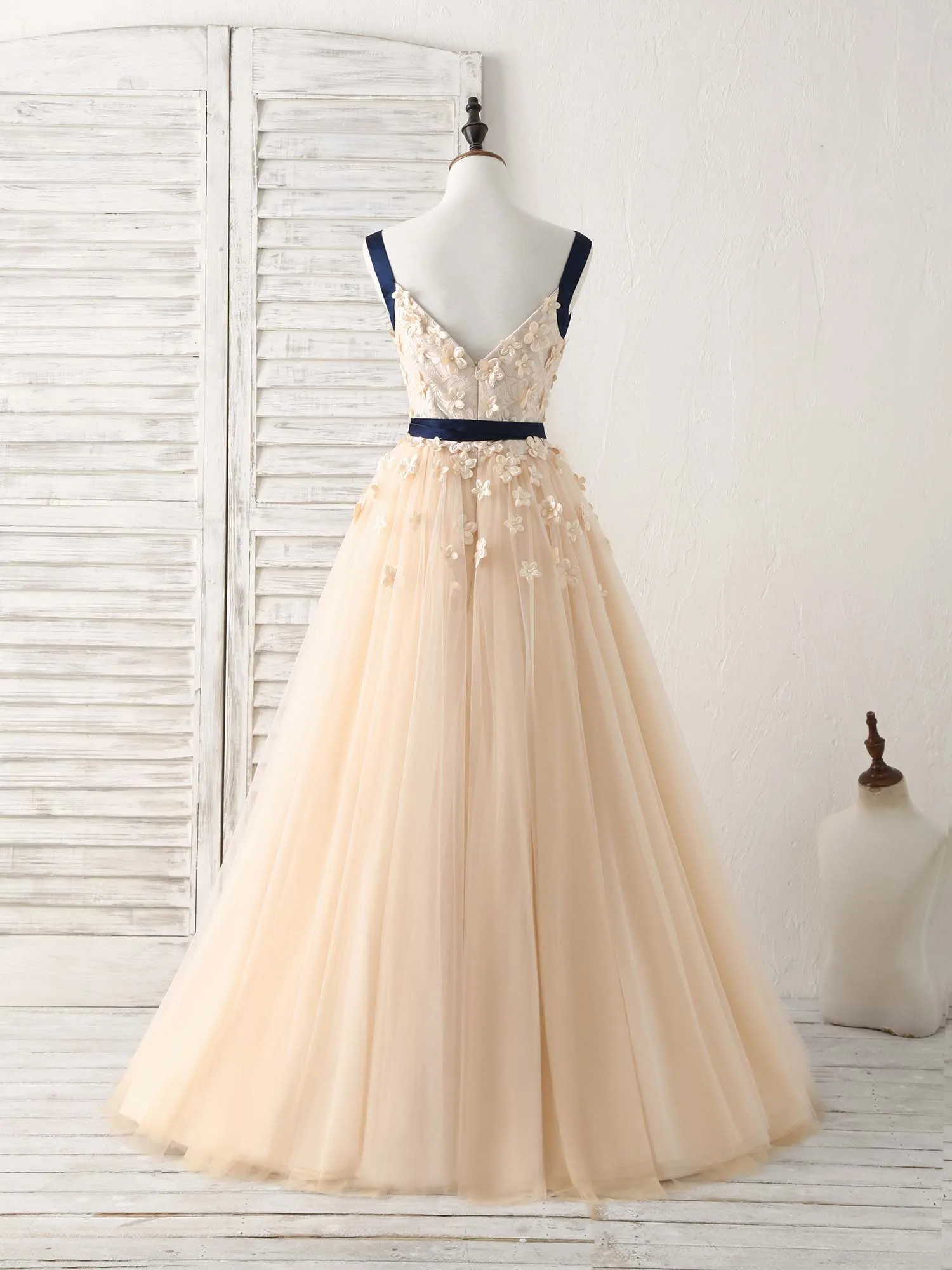 Unique Champagne Lace Tulle Long Prom Dress Champagne Evening