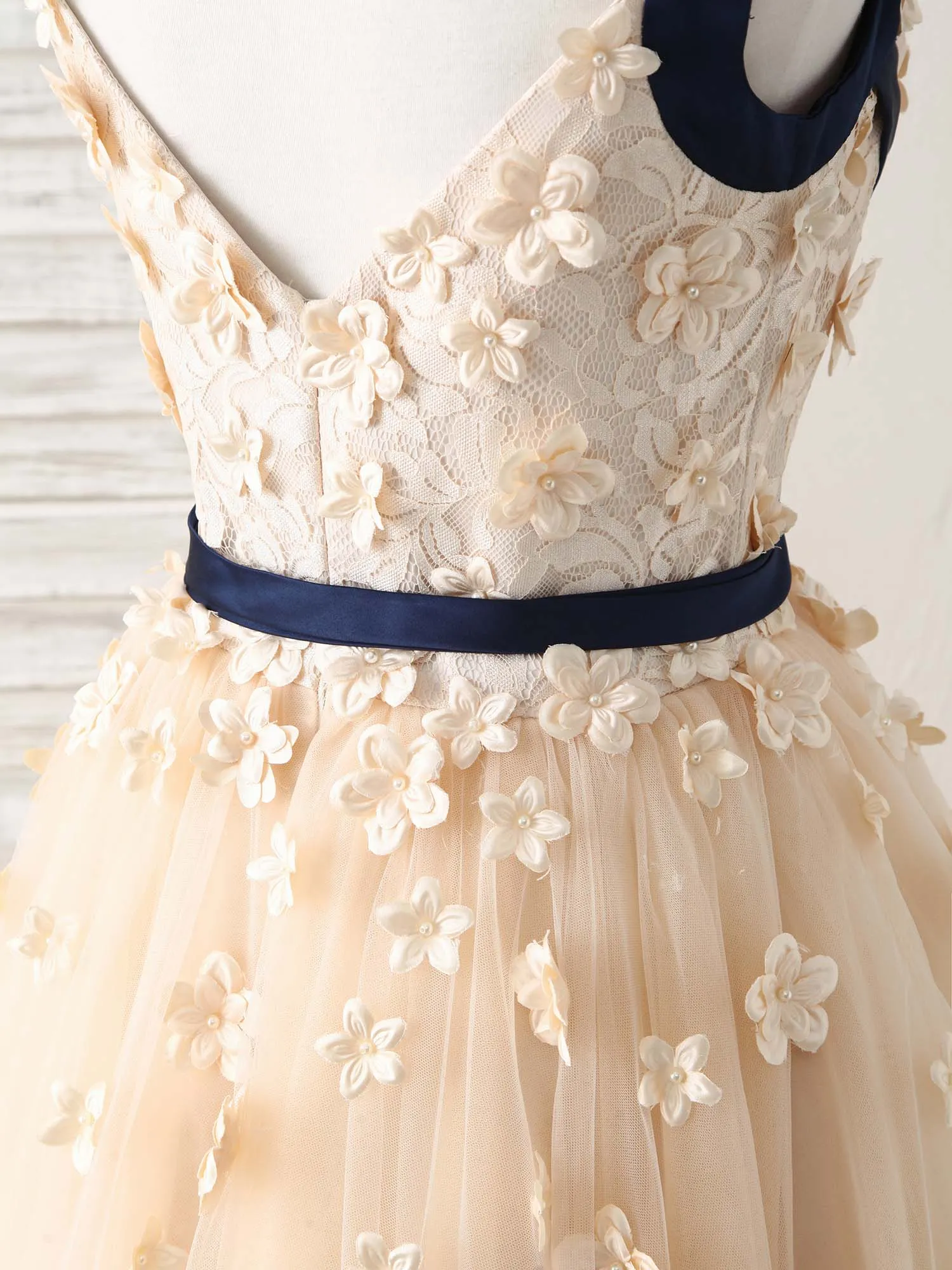 Unique Champagne Lace Tulle Long Prom Dress Champagne Evening