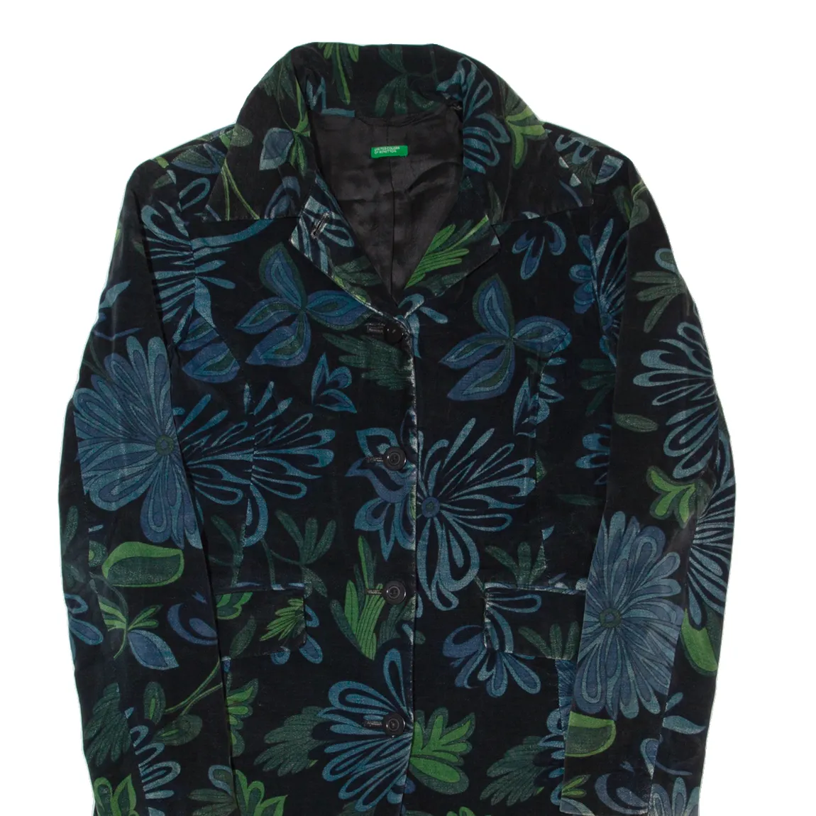 UNITED COLORS OF BENETTON Womens Overcoat Coat Black Velvet 90s Floral M