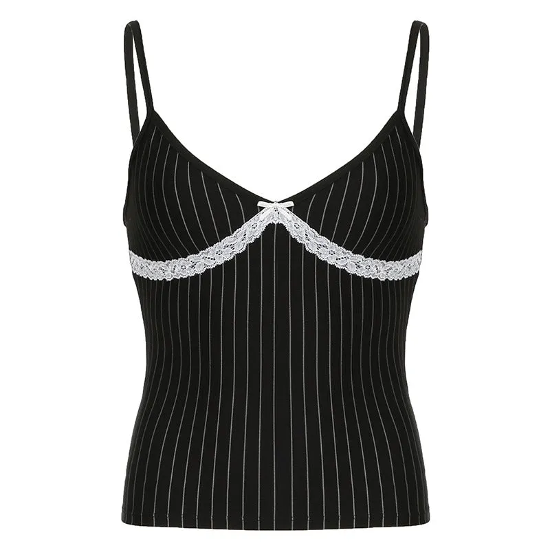 Uniwim 2000s fashion Hot Girl Contrast Color Lace Stitching Bow V-neck Striped Camisole Inner Knitted Ultra-Short Top