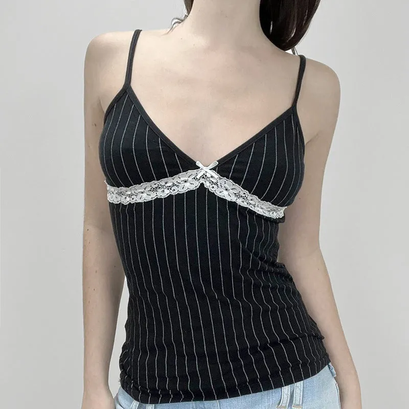 Uniwim 2000s fashion Hot Girl Contrast Color Lace Stitching Bow V-neck Striped Camisole Inner Knitted Ultra-Short Top