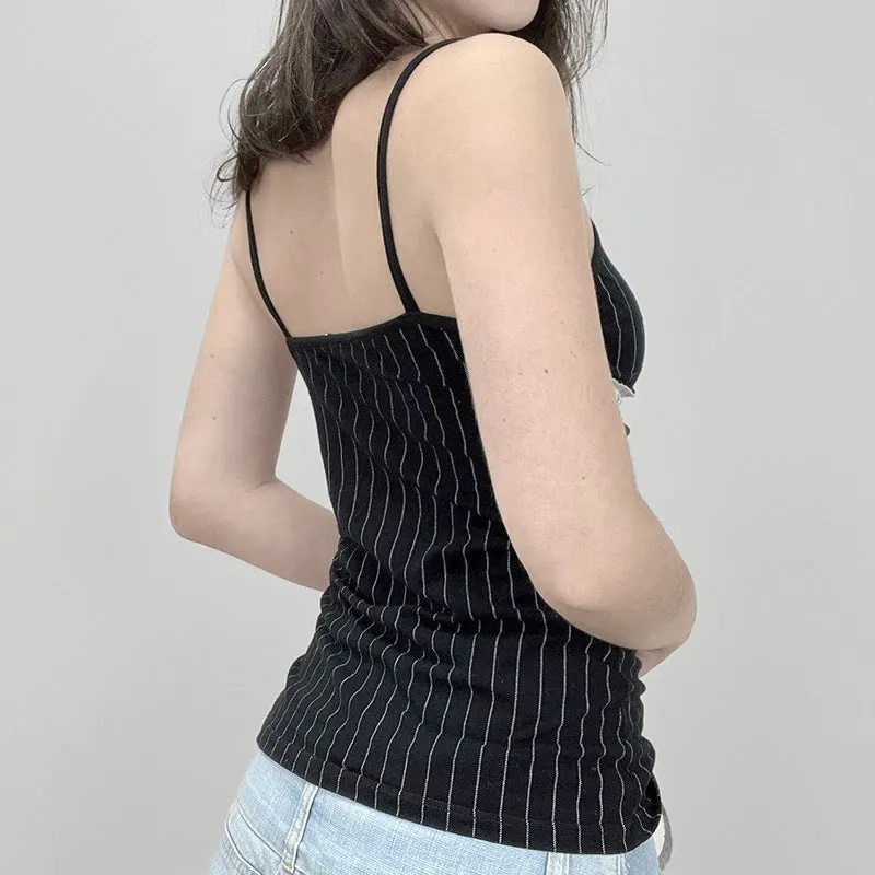 Uniwim 2000s fashion Hot Girl Contrast Color Lace Stitching Bow V-neck Striped Camisole Inner Knitted Ultra-Short Top