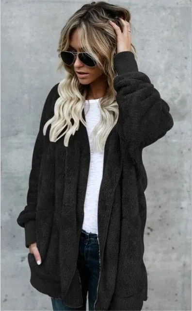 VenusFox Long Sleeve Hooded Faux Fur Teddy Bear Coat