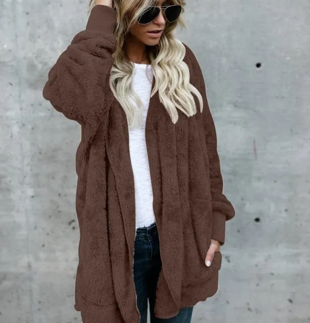 VenusFox Long Sleeve Hooded Faux Fur Teddy Bear Coat