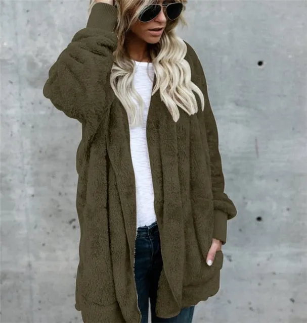 VenusFox Long Sleeve Hooded Faux Fur Teddy Bear Coat