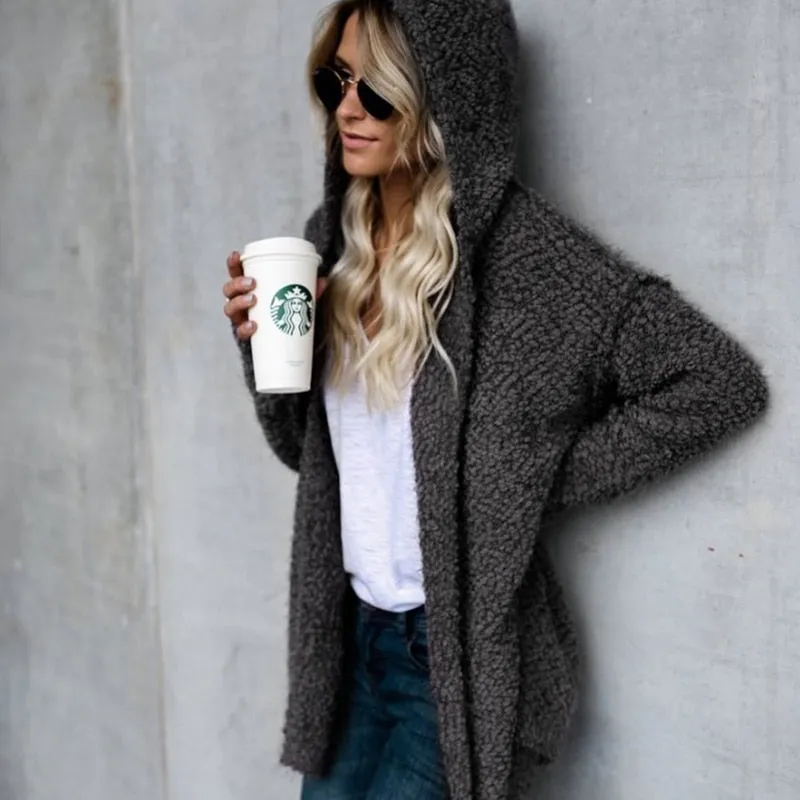VenusFox Long Sleeve Hooded Faux Fur Teddy Bear Coat