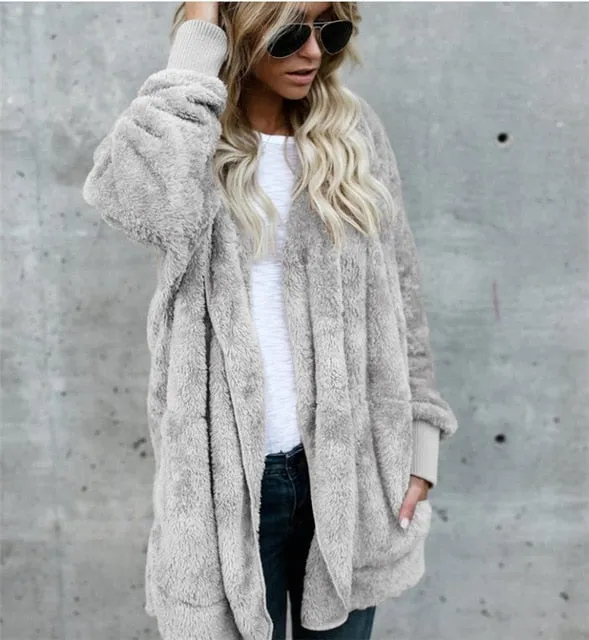 VenusFox Long Sleeve Hooded Faux Fur Teddy Bear Coat