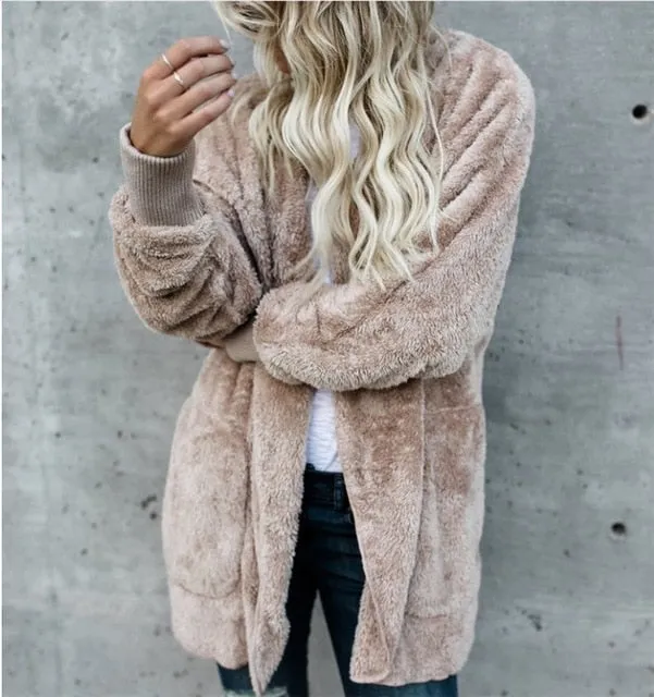 VenusFox Long Sleeve Hooded Faux Fur Teddy Bear Coat