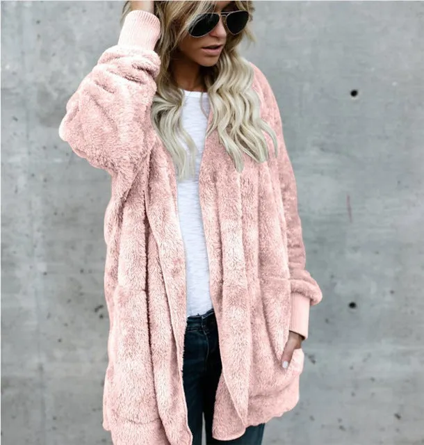 VenusFox Long Sleeve Hooded Faux Fur Teddy Bear Coat