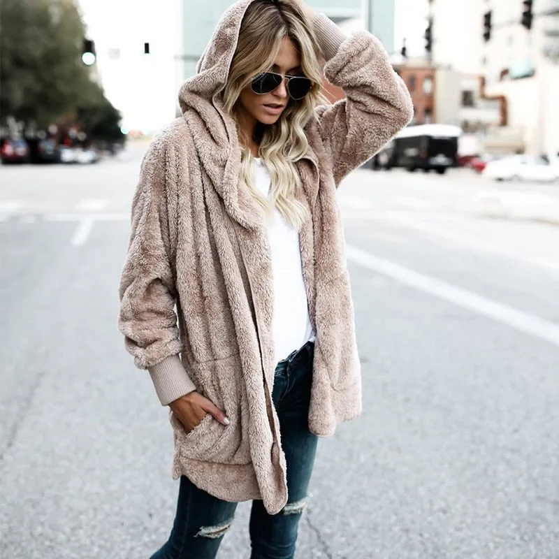 VenusFox Long Sleeve Hooded Faux Fur Teddy Bear Coat
