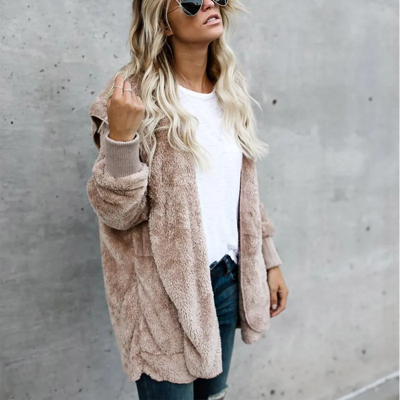 VenusFox Long Sleeve Hooded Faux Fur Teddy Bear Coat