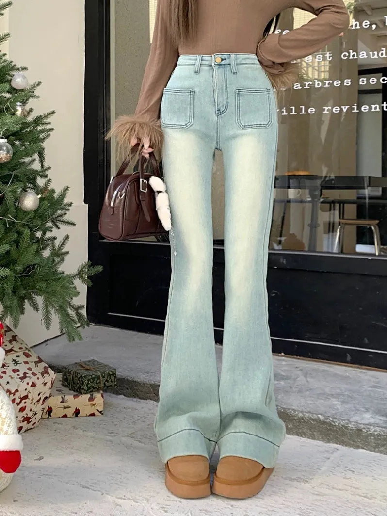 Vintage washed light blue velvet thickened slightly flared pants high waist slim fit horseshoe trousers