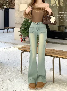 Vintage washed light blue velvet thickened slightly flared pants high waist slim fit horseshoe trousers