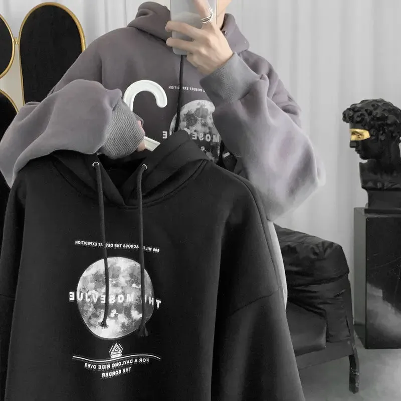 Wiaofellas  -  Autumn and Winter Plus Velvet Thick Sweater Moon Printing Hoodie Men's Hooded Sweater Loose Casual Hoodie Streetwear
