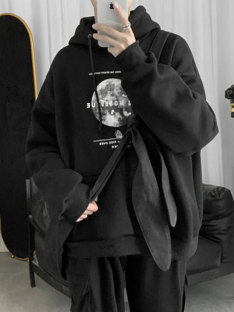 Wiaofellas  -  Autumn and Winter Plus Velvet Thick Sweater Moon Printing Hoodie Men's Hooded Sweater Loose Casual Hoodie Streetwear