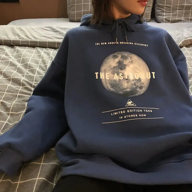 Wiaofellas  -  Autumn and Winter Plus Velvet Thick Sweater Moon Printing Hoodie Men's Hooded Sweater Loose Casual Hoodie Streetwear