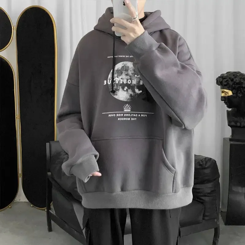 Wiaofellas  -  Autumn and Winter Plus Velvet Thick Sweater Moon Printing Hoodie Men's Hooded Sweater Loose Casual Hoodie Streetwear