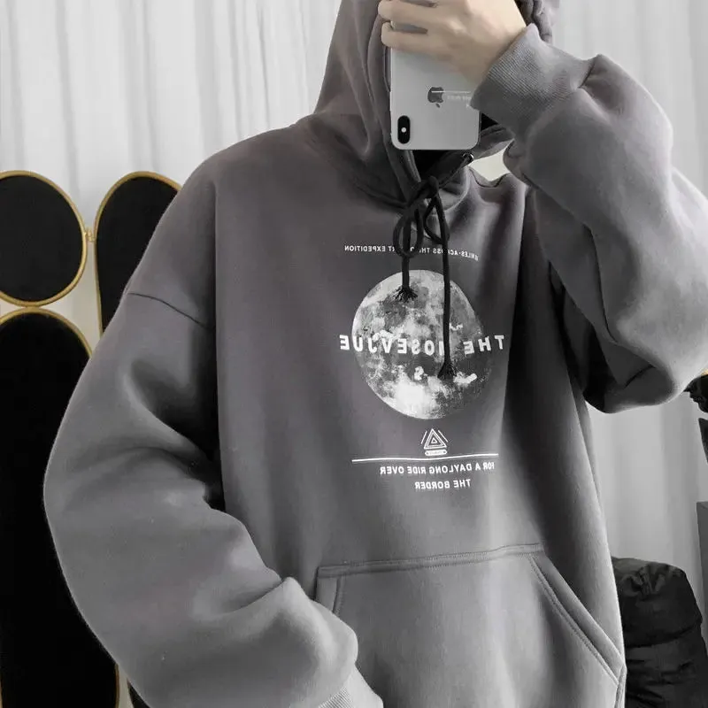Wiaofellas  -  Autumn and Winter Plus Velvet Thick Sweater Moon Printing Hoodie Men's Hooded Sweater Loose Casual Hoodie Streetwear