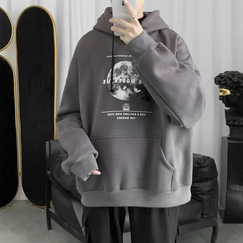 Wiaofellas  -  Autumn and Winter Plus Velvet Thick Sweater Moon Printing Hoodie Men's Hooded Sweater Loose Casual Hoodie Streetwear