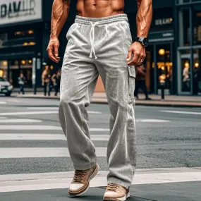Wiaofellas  -  Men Vintage Solid Color Drawstring Stitch Pockets Trousers Male Sweatpants Streetwear New Autumn Loose Corduroy Cargo Pants