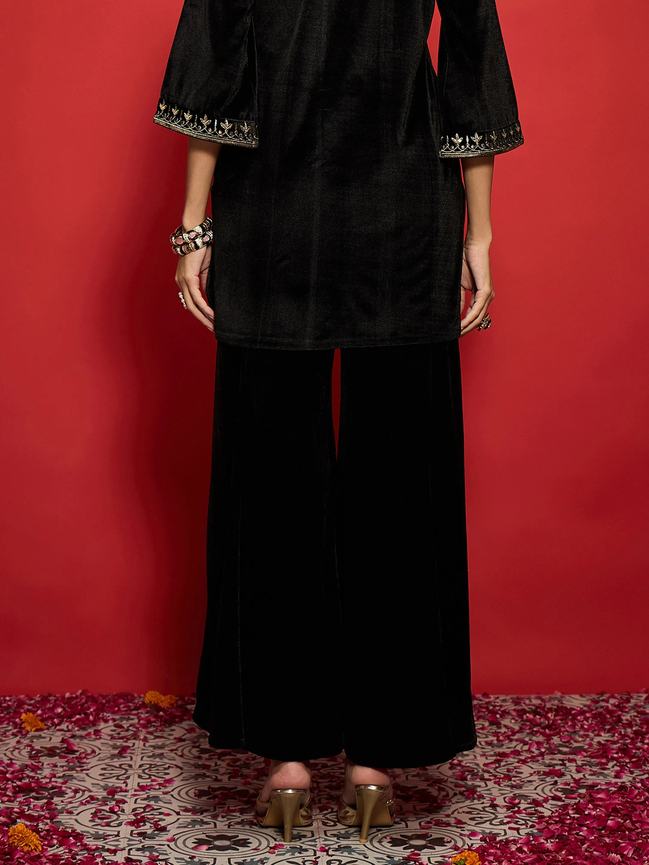 Women Black Velvet Flared Palazzos