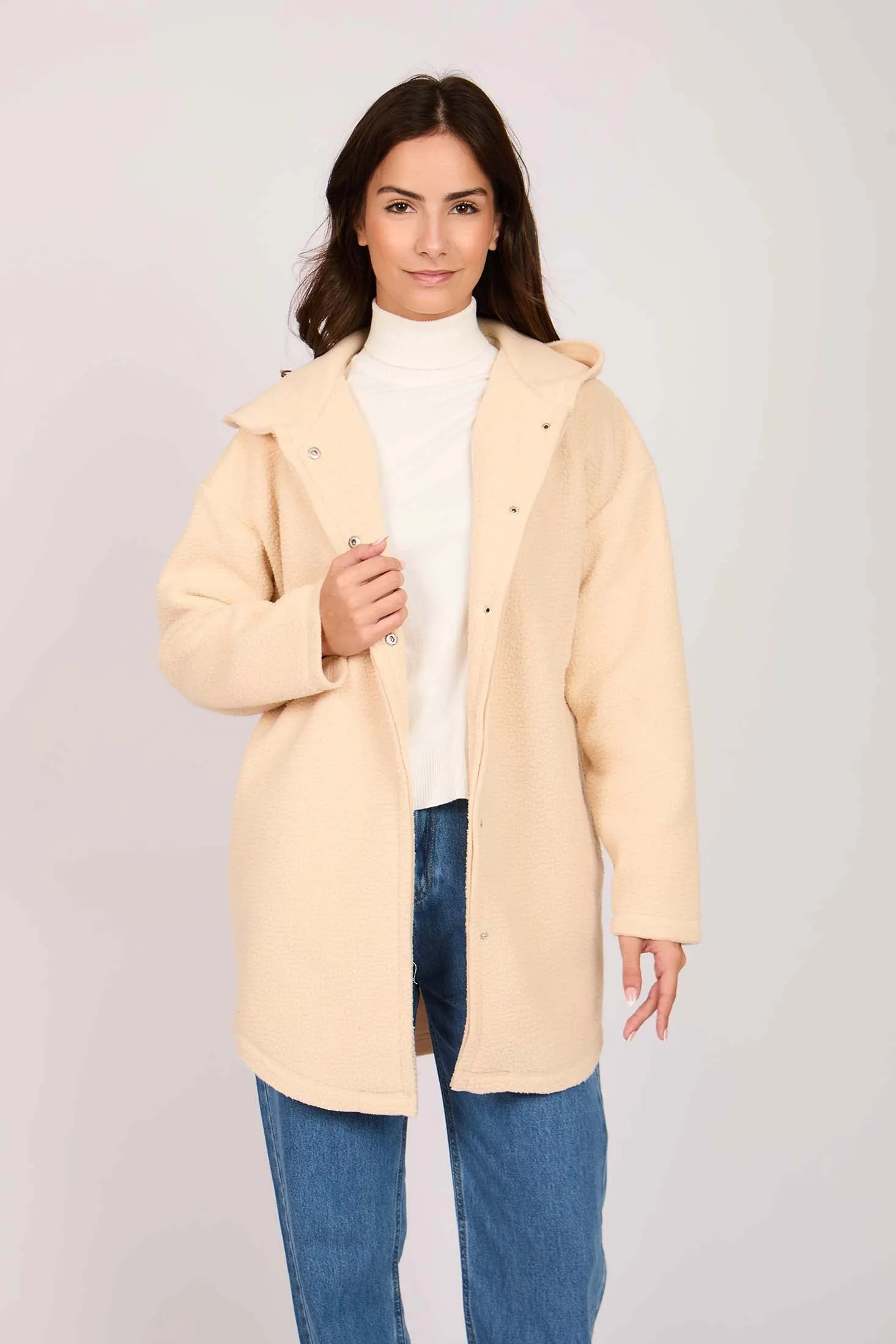 Women Hooded Sherpa Loose Coat Off White