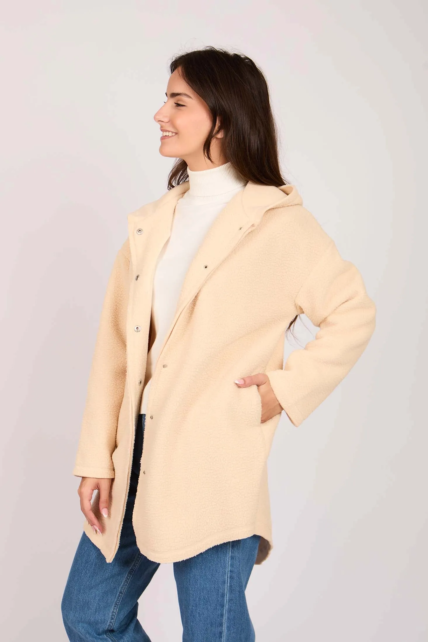 Women Hooded Sherpa Loose Coat Off White