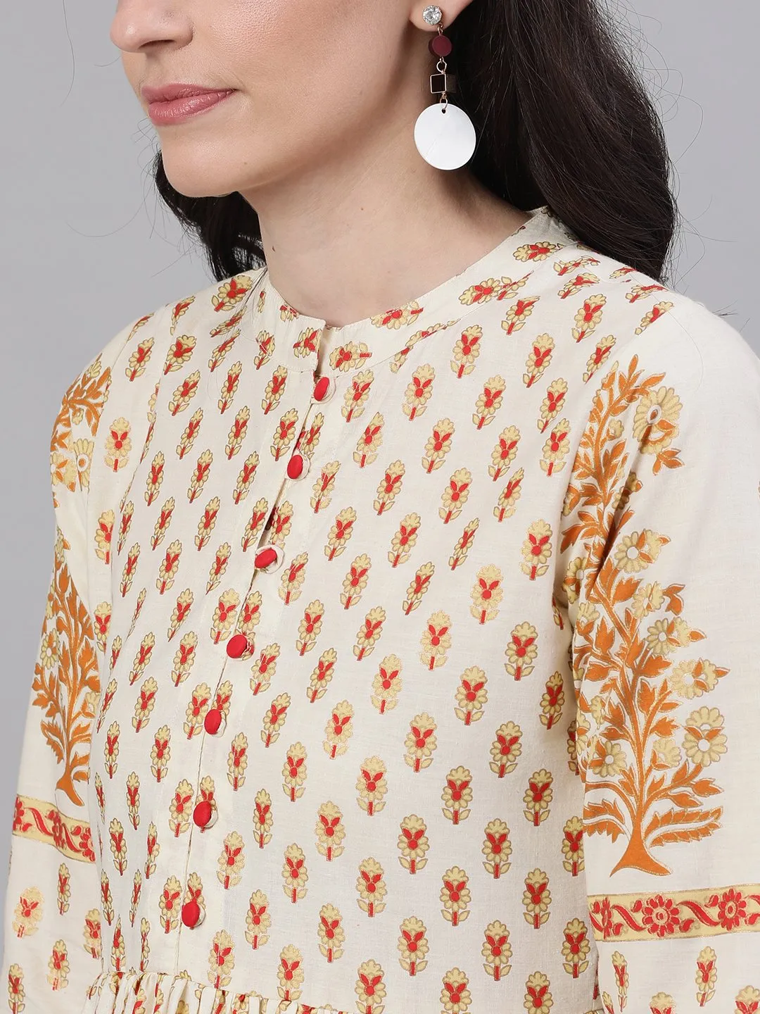 Women White Ethnic Motifs Printed Mandarin Collar Cotton Maxi Dress