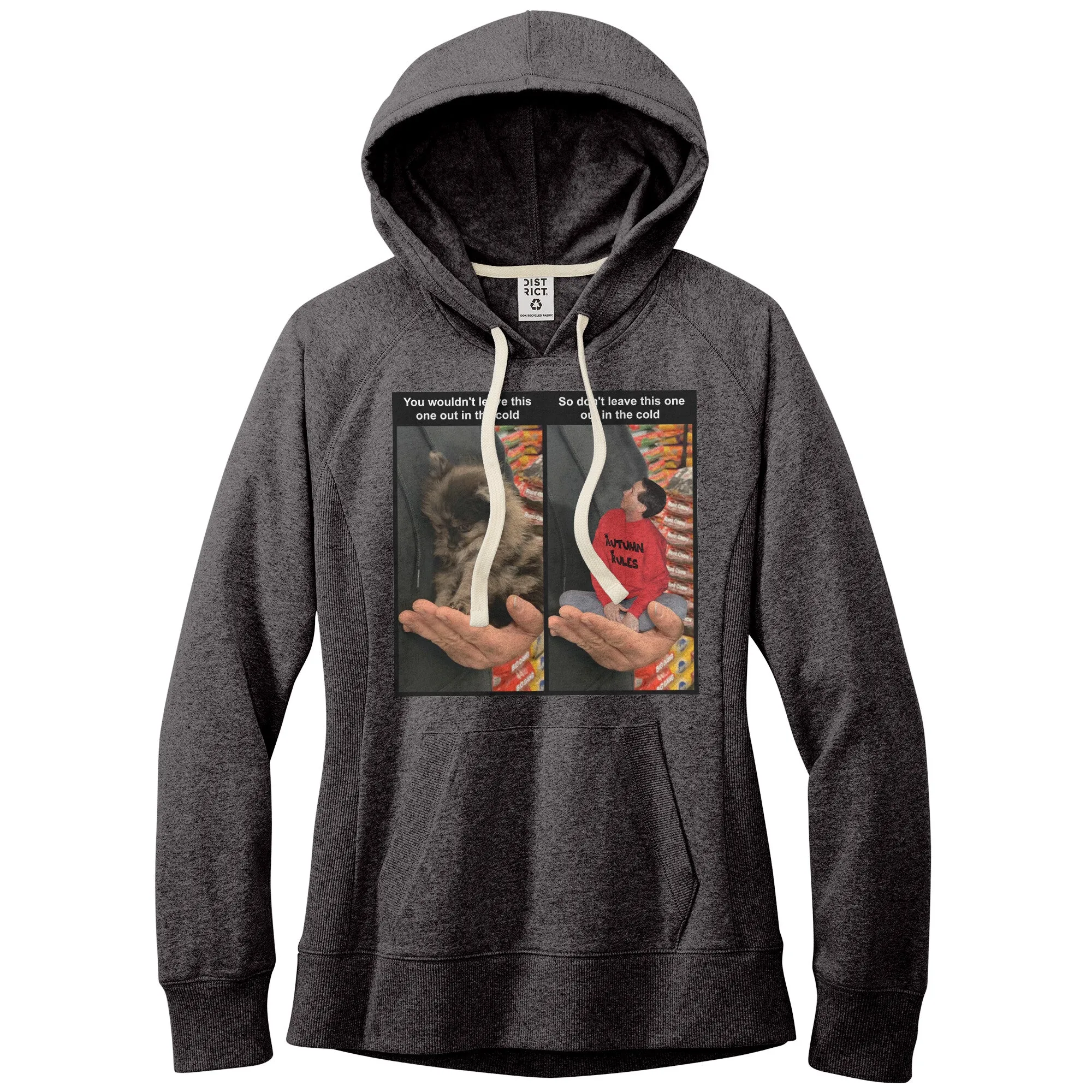 Women's Fleece Hoodie (Women's Sizes) - Don't leave pets in the cold PSA meme with tiny man in hand