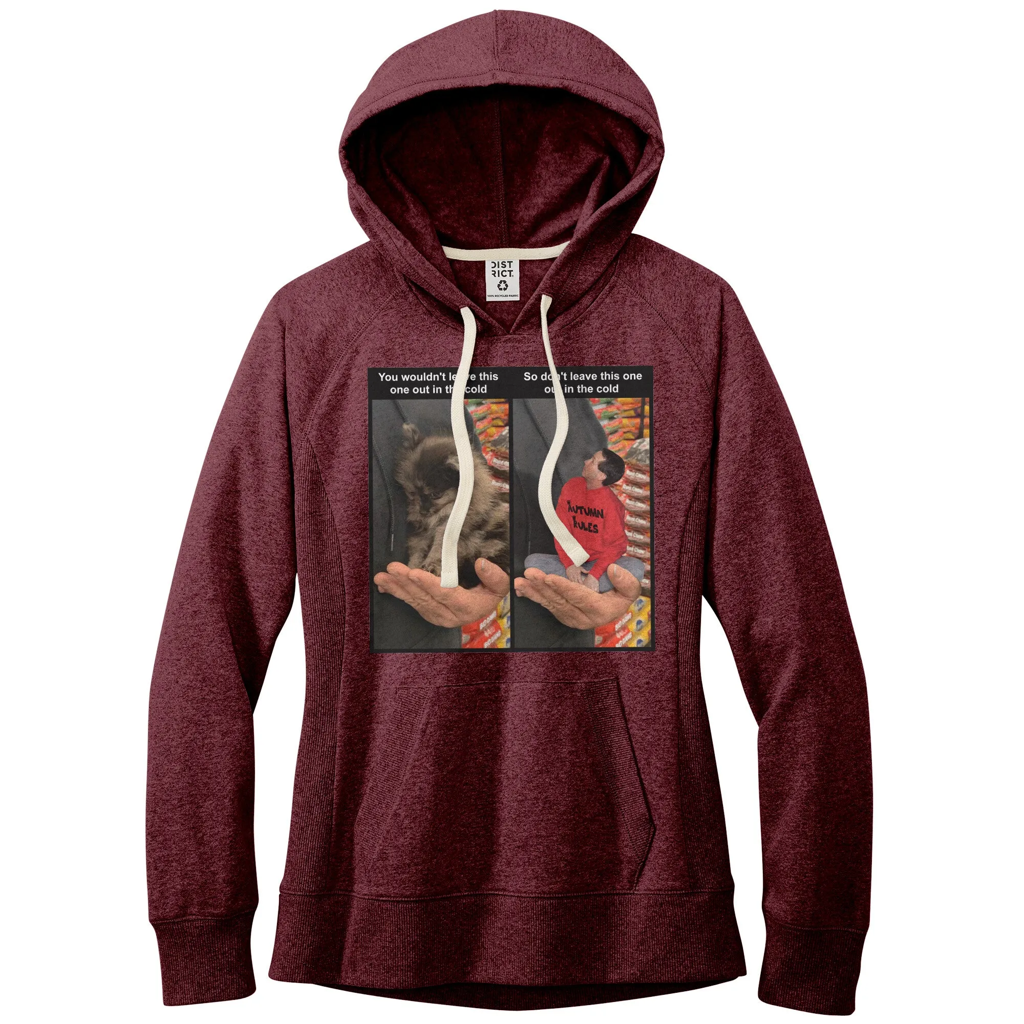 Women's Fleece Hoodie (Women's Sizes) - Don't leave pets in the cold PSA meme with tiny man in hand
