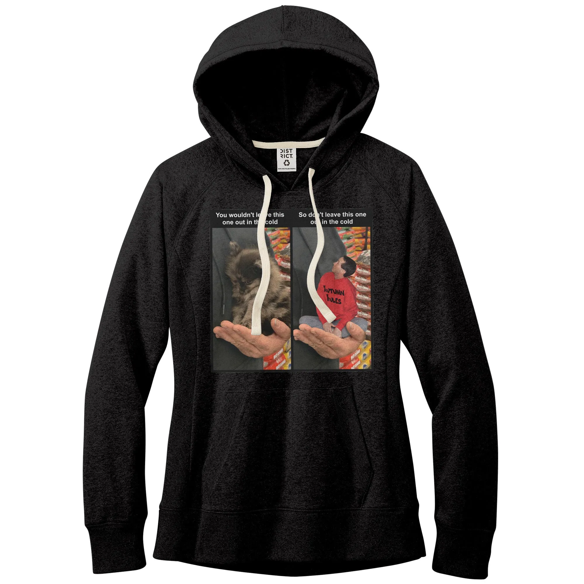 Women's Fleece Hoodie (Women's Sizes) - Don't leave pets in the cold PSA meme with tiny man in hand