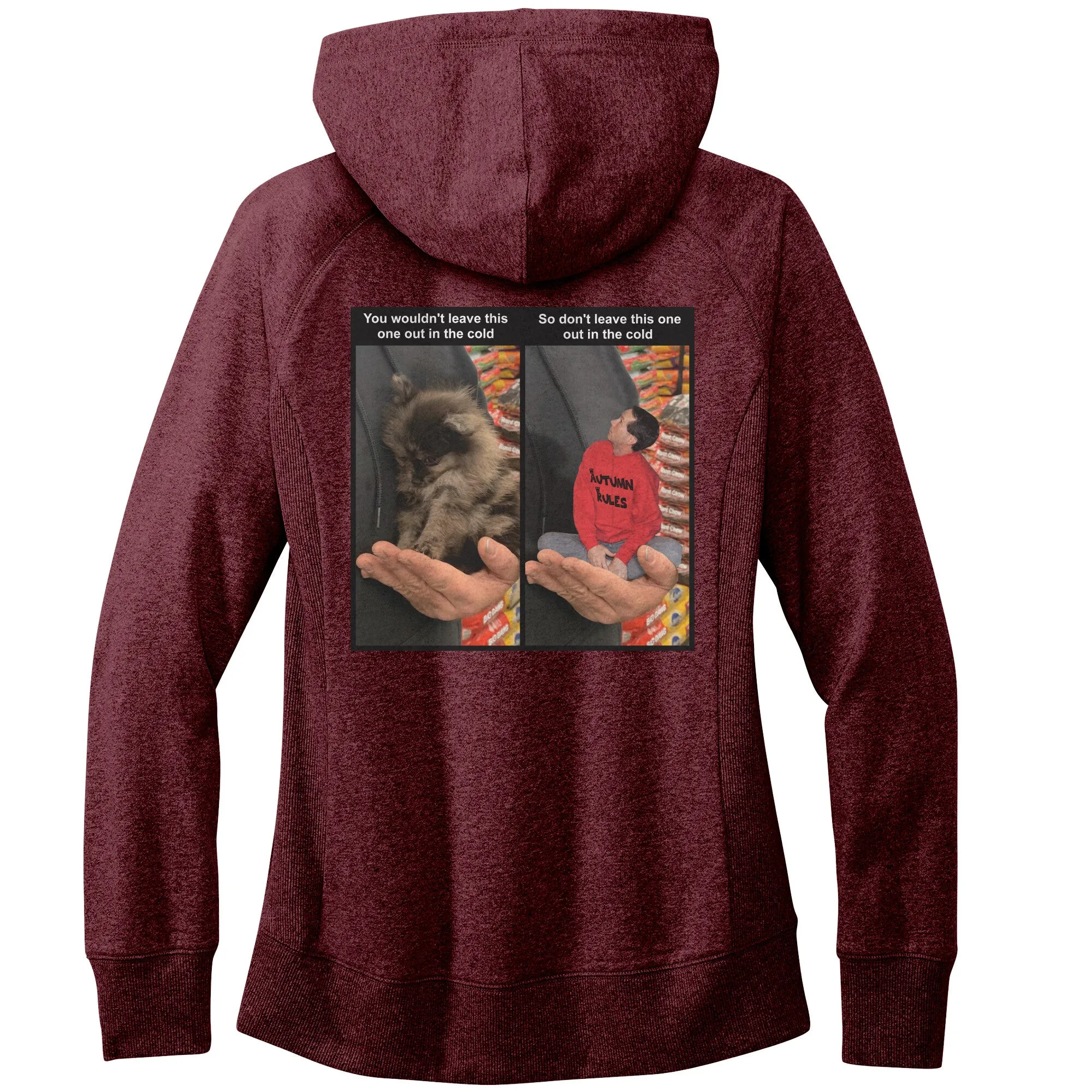 Women's Fleece Hoodie (Women's Sizes) - Don't leave pets in the cold PSA meme with tiny man in hand