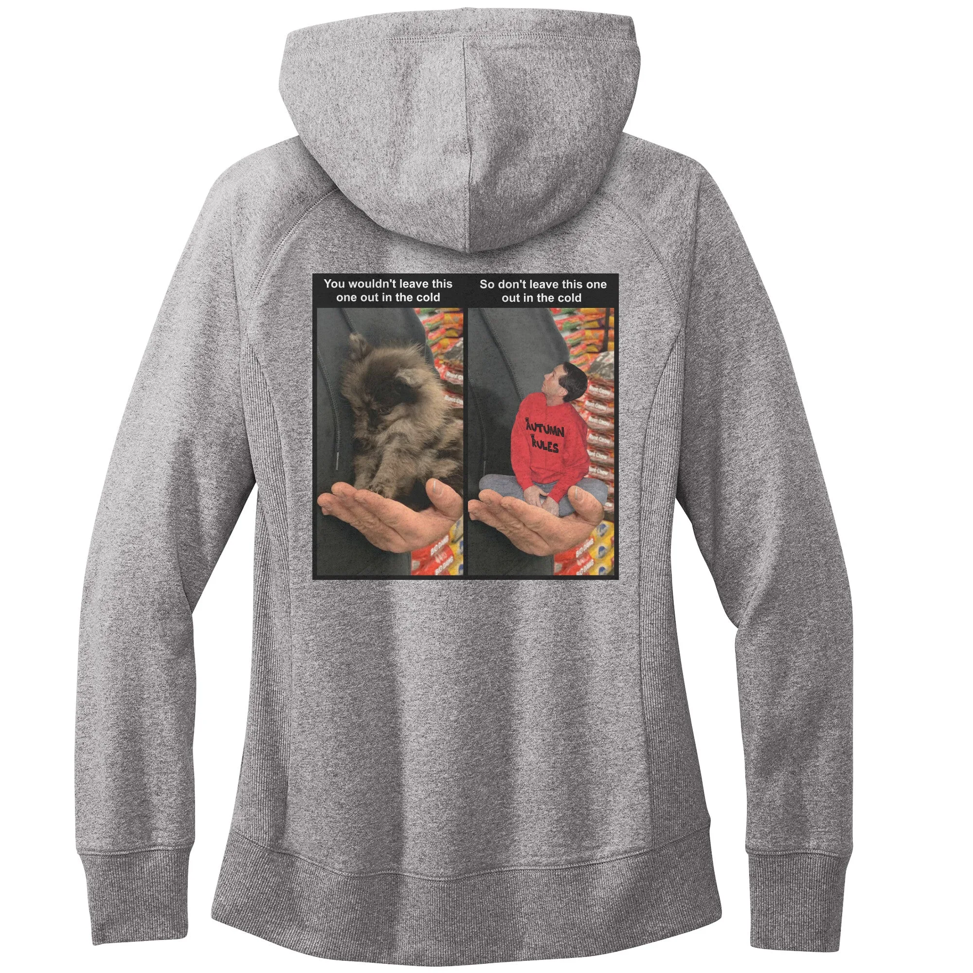 Women's Fleece Hoodie (Women's Sizes) - Don't leave pets in the cold PSA meme with tiny man in hand